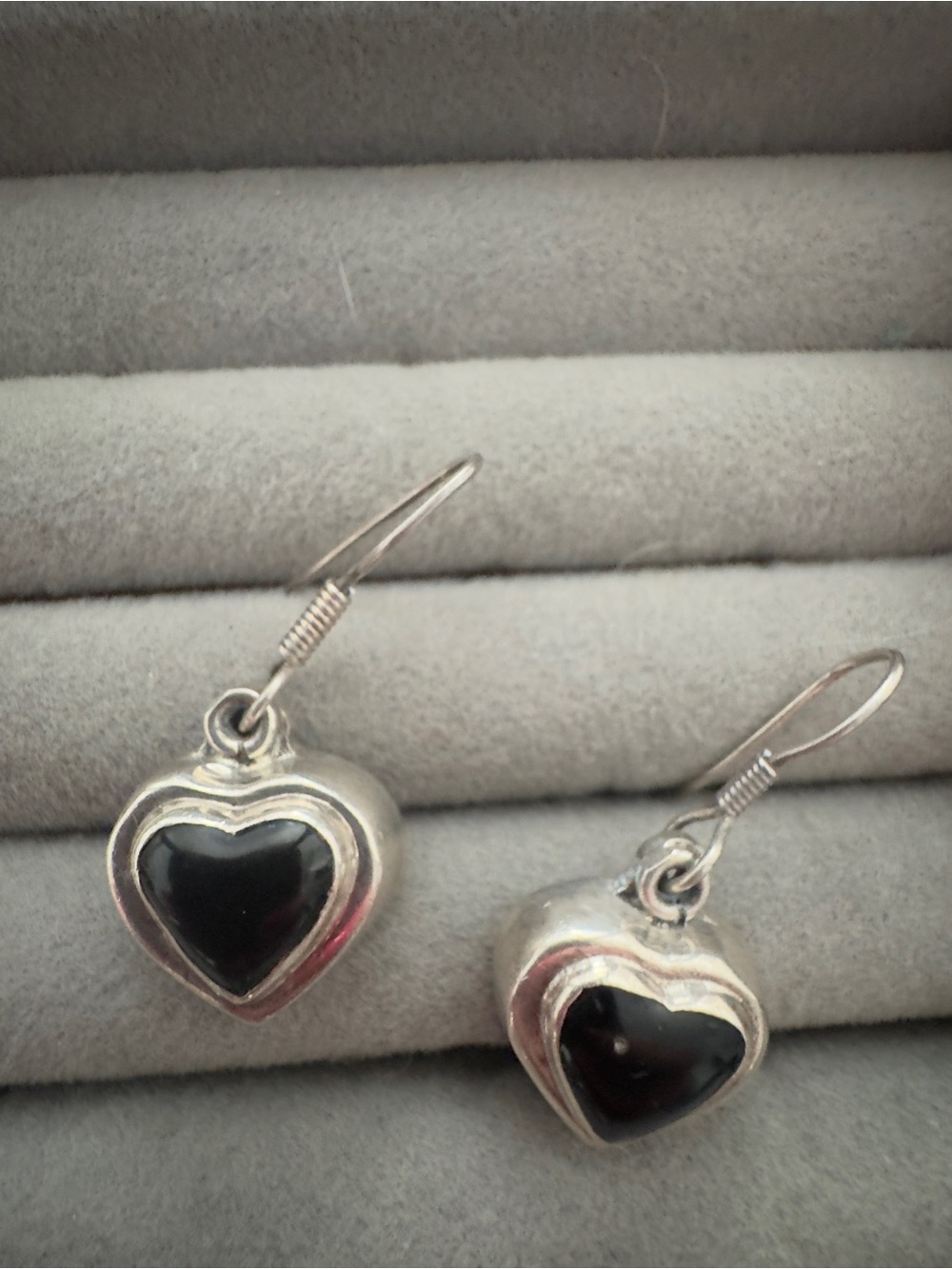 925 Sterling Silver Heart Drop Earrings with Black Inlay onyx